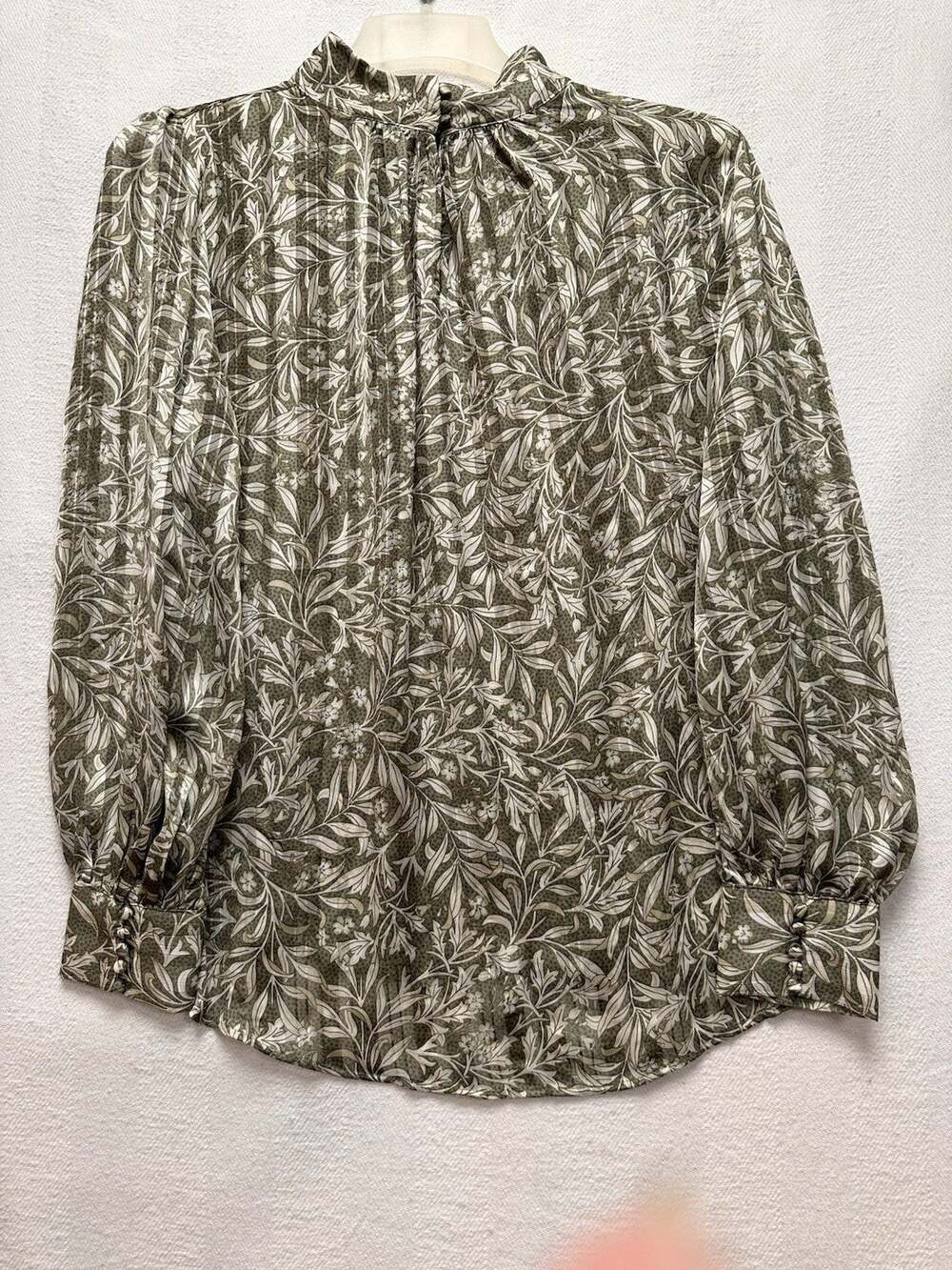 H&M Blouse Large Green Cream Floral Pleated Mock Neck Sheer Satin Office Boho